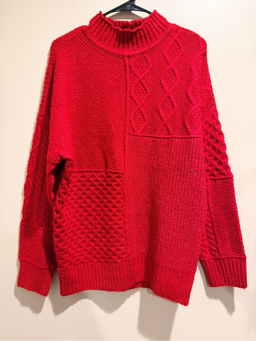 American Eagle Red Patchwork Cable Knit Mock Neck Sweater M